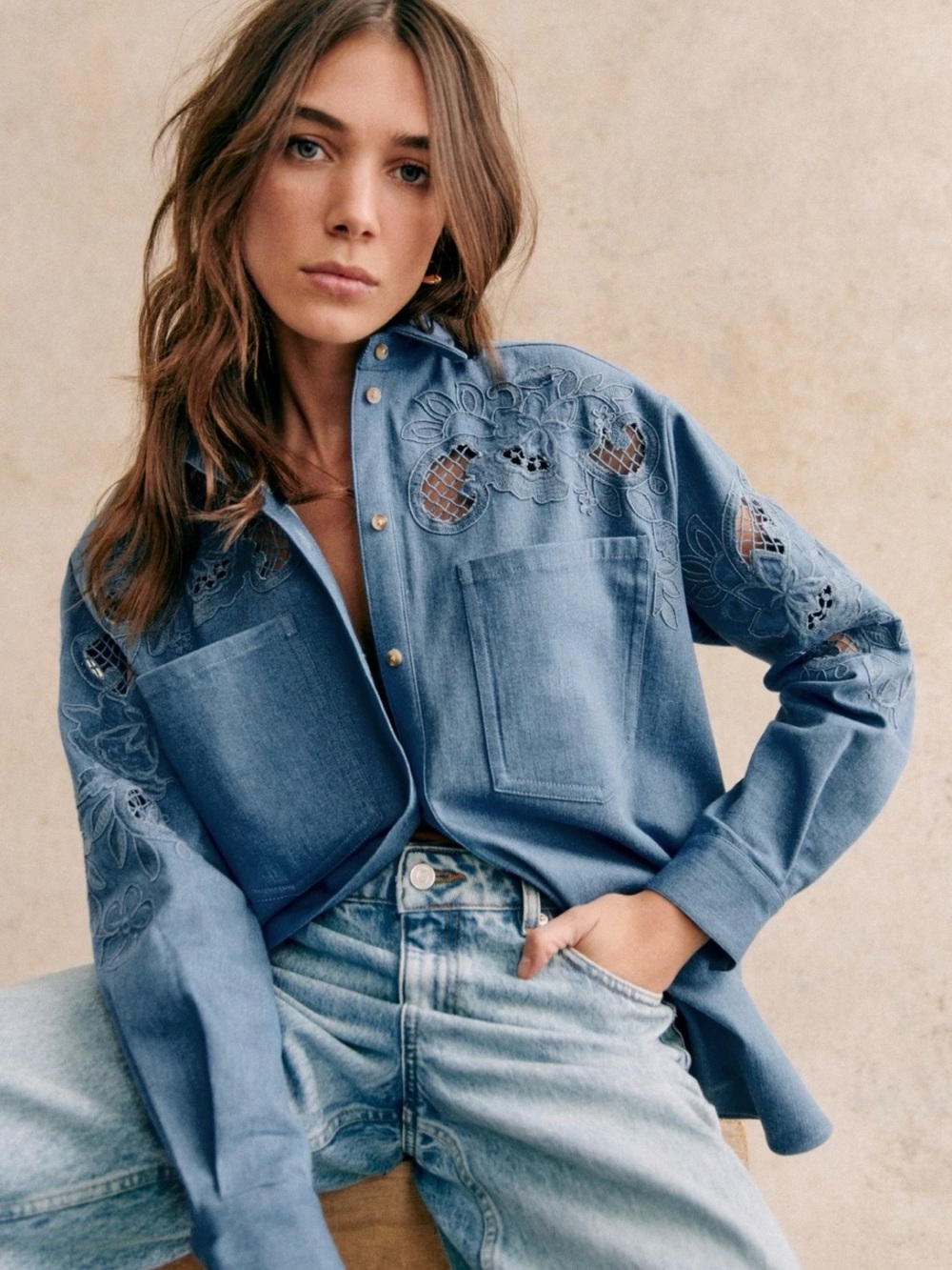 Sezane Nina Blue Embroidered Denim Button-Down Shirt